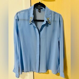Forever 21 Light Blue Sheer Blouse with Silver Embellished Collar